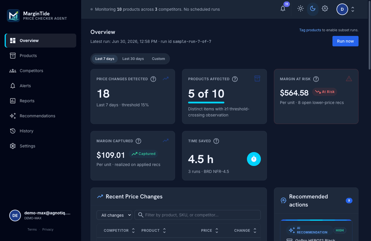 MarginTide dashboard showing detected price changes, margin at risk and recommended actions